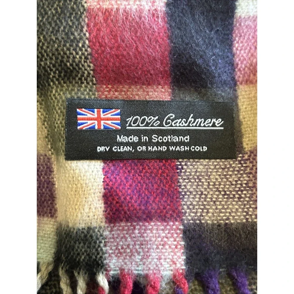 Color Block 100% Cashmere Scarf With Fringe Made In Scotland Purple Pink Check
